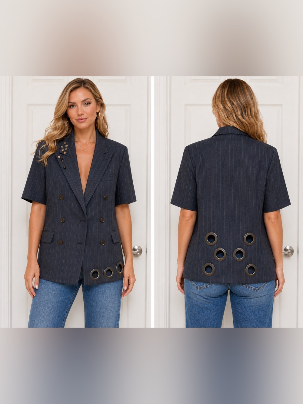Upcycled Pinstripe Short-Sleeve Blazer with Grommet and pin Detail  size 16